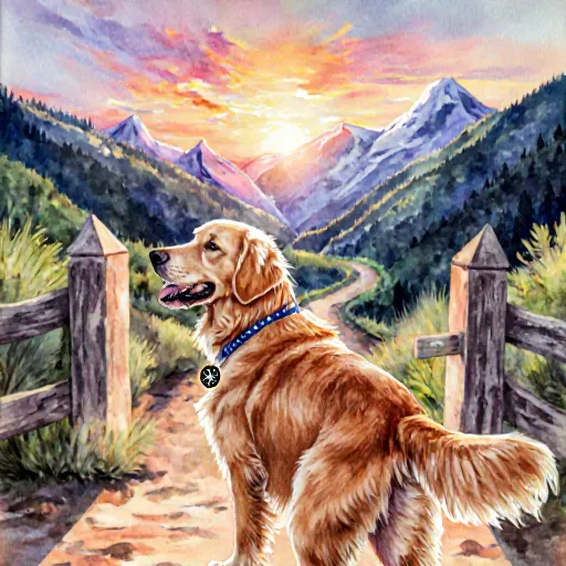 A happy dog running along a lush green trail beside a calm lake under a clear blue sky