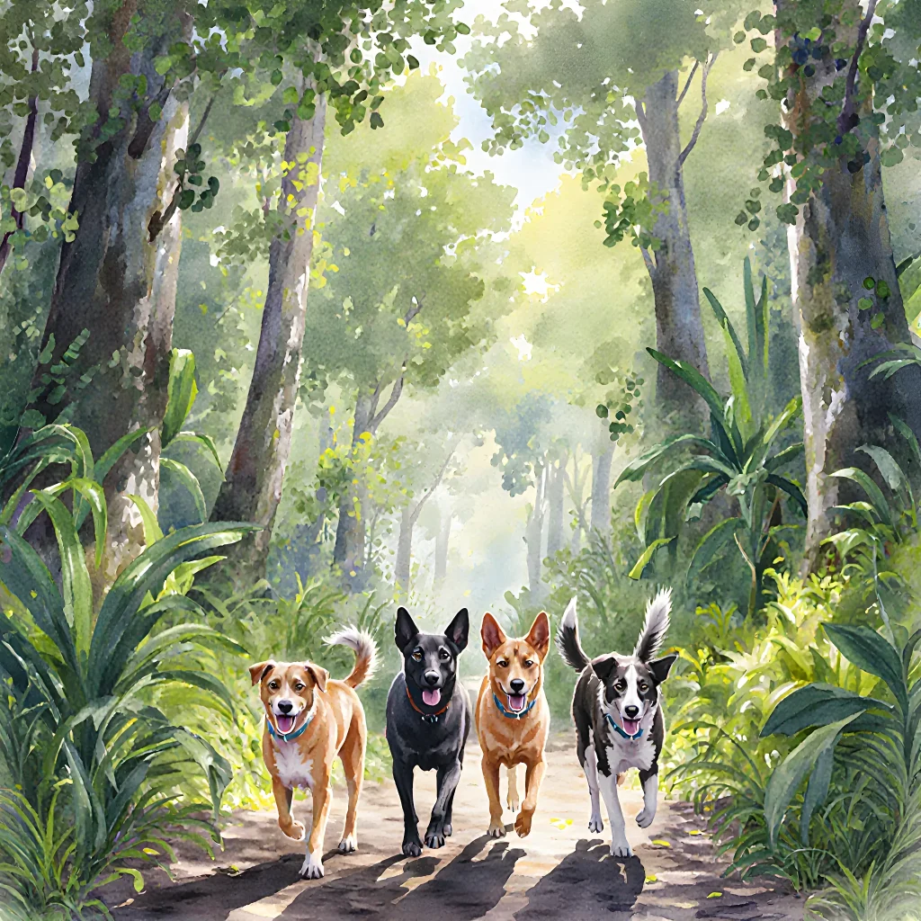 Two dogs hiking on a forest trail with a scenic mountain backdrop, showcasing eco-friendly adventure and conservation