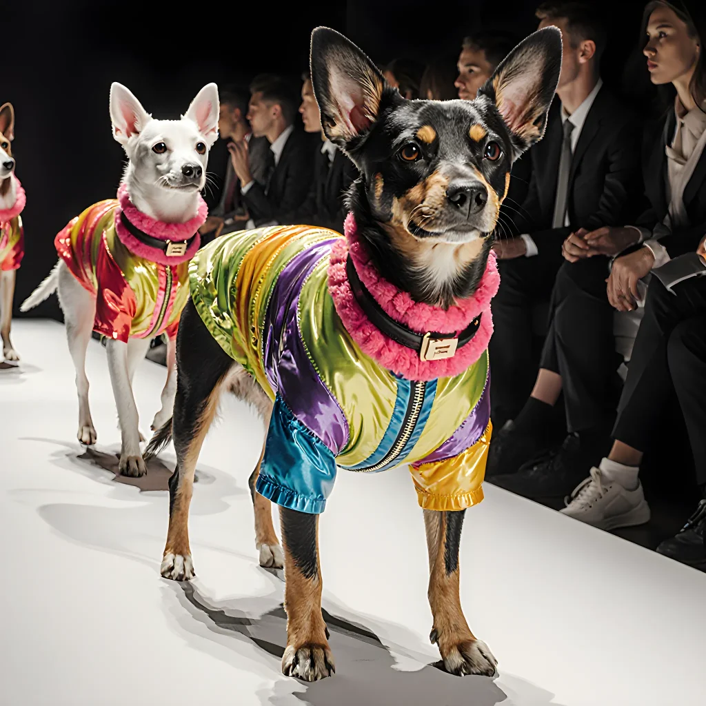 A stylishly dressed dog wearing a vibrant, custom-made outfit made from fabric and thread, showcasing a fashionable canine couture look