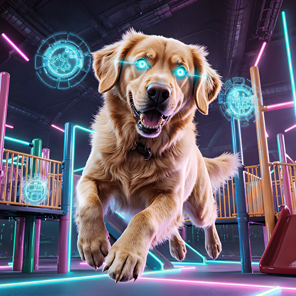 A happy golden retriever playing with a smart interactive toy in a sunny living room
