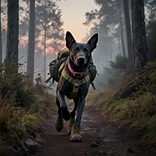 A confident Labrador wearing a durable outdoor backpack, standing on a forest trail with a hiking pole and a water bottle nearby