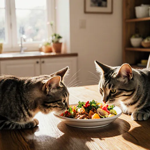 Cats enjoying a meal of natural ingredients in a cozy kitchen setting