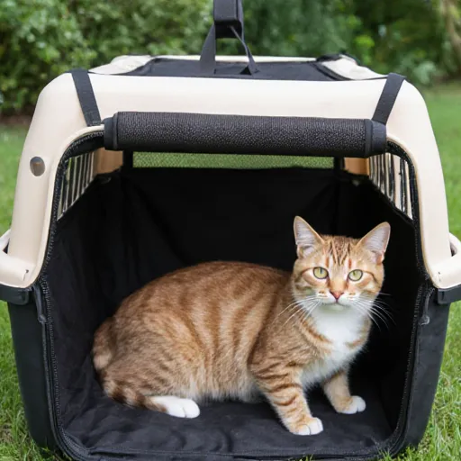 Close-up of various cat carriers in different styles and colors