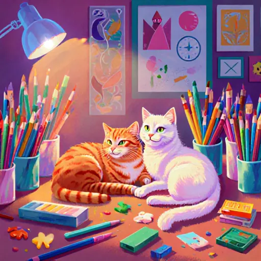 A creative person surrounded by their cat and art supplies