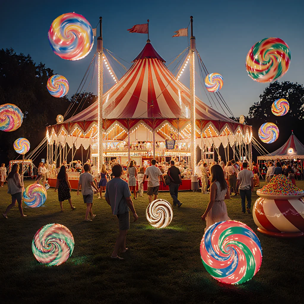 Colorful carnival scene with bright balloons, playful food stalls, and joyful people enjoying themed snacks