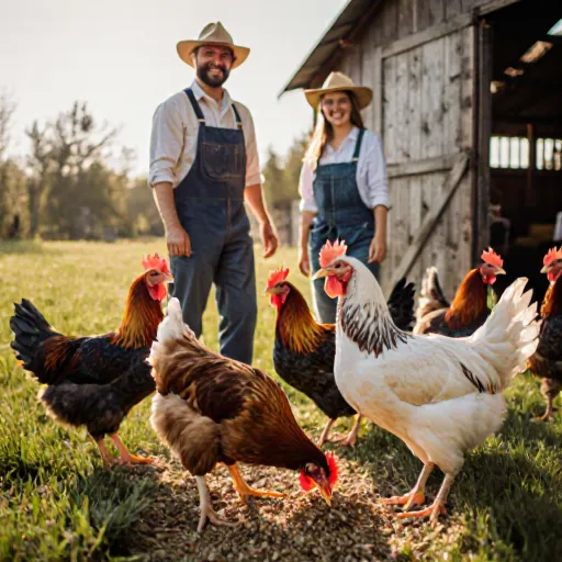 A farmer tending to thriving chickens under an innovative approach sign
