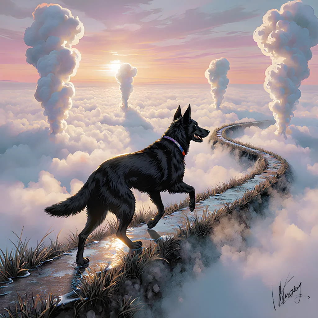 A dog wearing a waterproof vest hiking on a misty trail, symbolizing cloud‑crush virtual hike technology