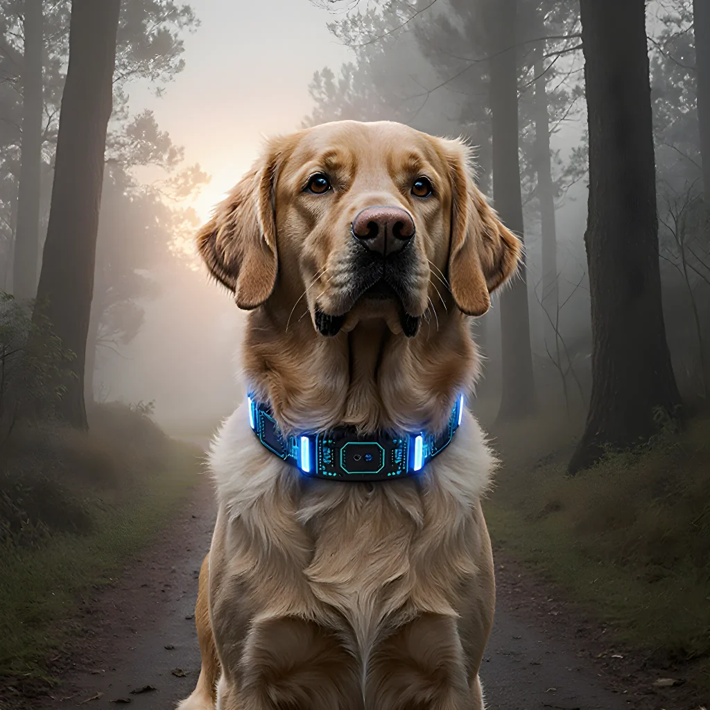 A sleek collar embedded with advanced sensors and a smart display on a golden retriever, illustrating AI technology enhancing canine assistance