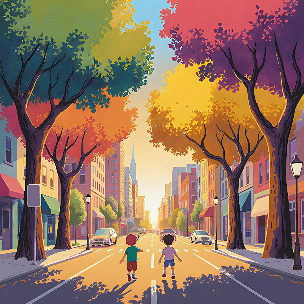 Children climbing and playing under a colorful, canopy-covered street in an urban setting