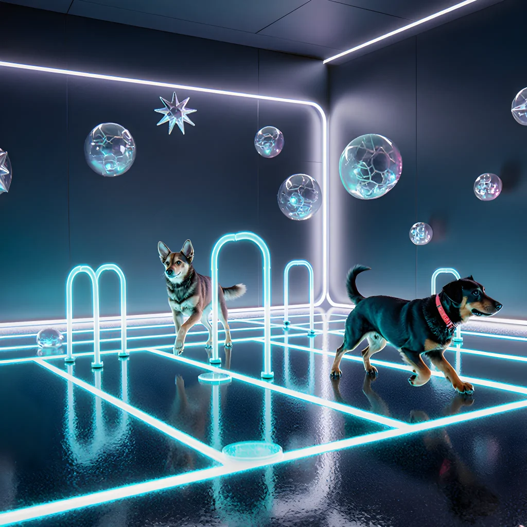 A happy dog interacting with a smart interactive toy while a sleek tablet displays colorful learning apps.