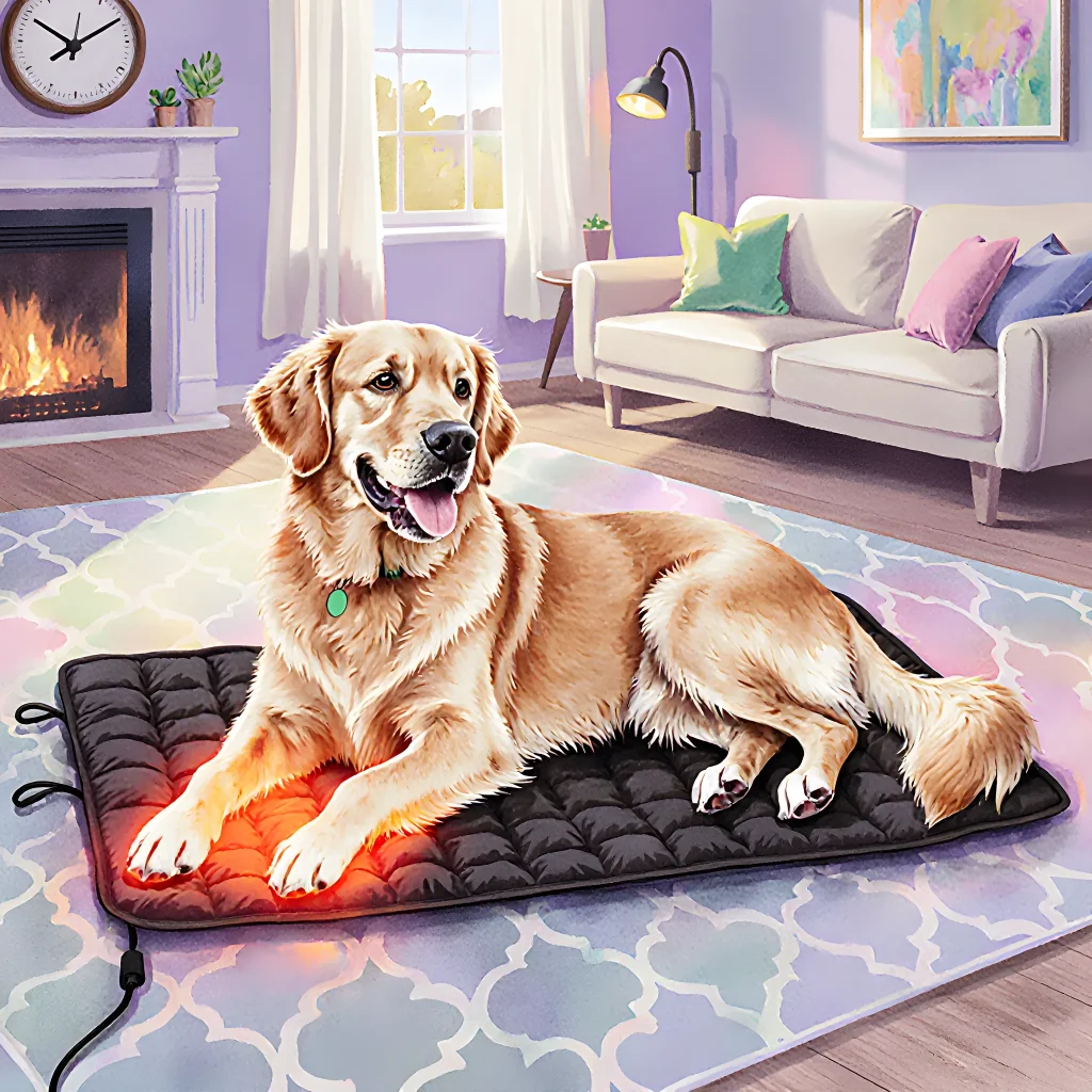 A content golden retriever resting on an eco-friendly heating pad with green leaf accents, illustrating sustainable canine warmth