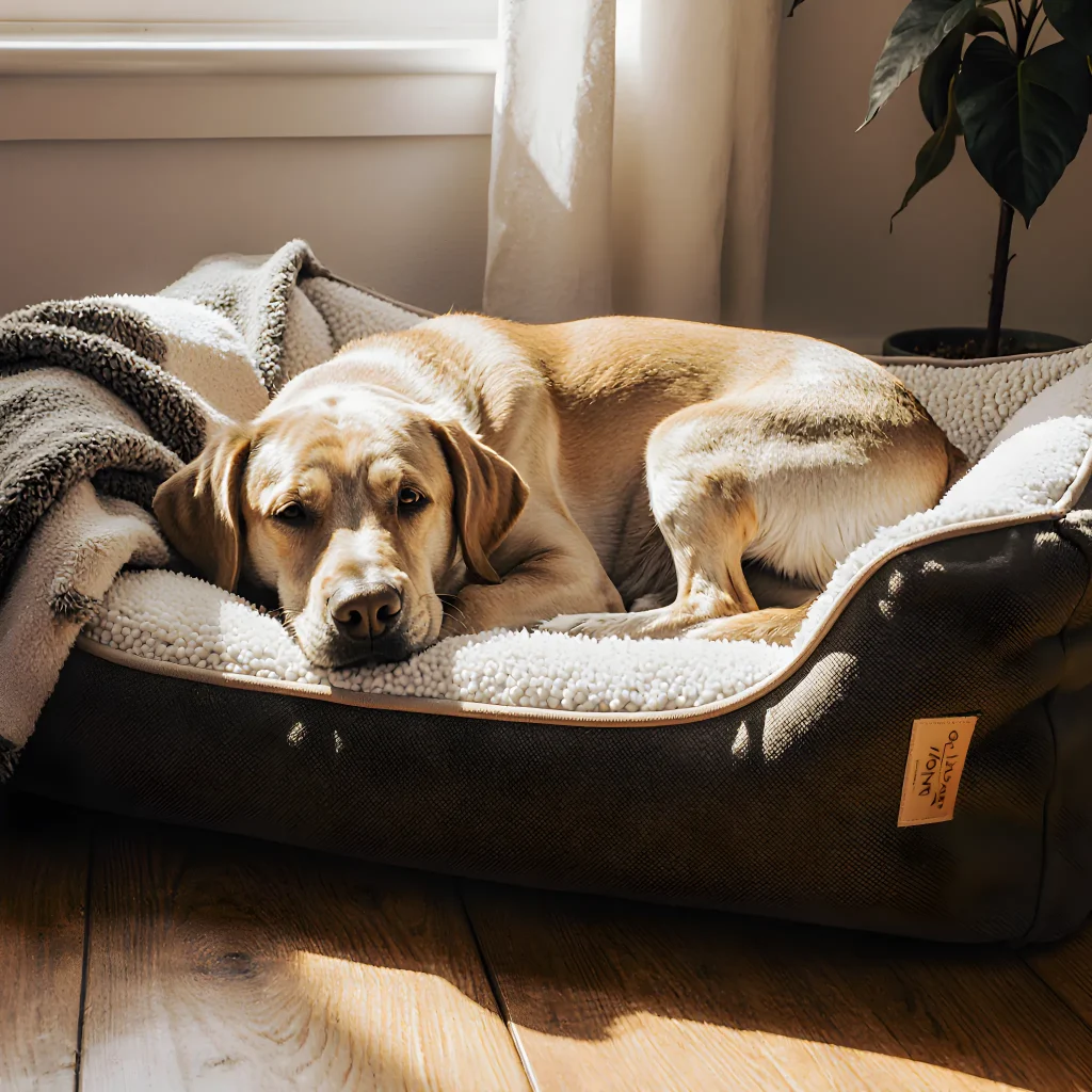 A peaceful living room setup with soft bedding, gentle lighting, and toys arranged around a comfortable dog bed, showcasing an ideal comfort zone for a senior dog at home.