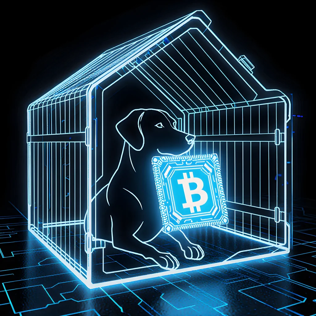 A modern kennel building with a digital lock and QR code on the entrance, symbolizing secure crypto‑guarded dog registration