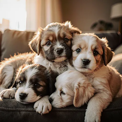 A playful puppy curled beside a laptop screen displaying lines of code, symbolizing love for pets over furniture
