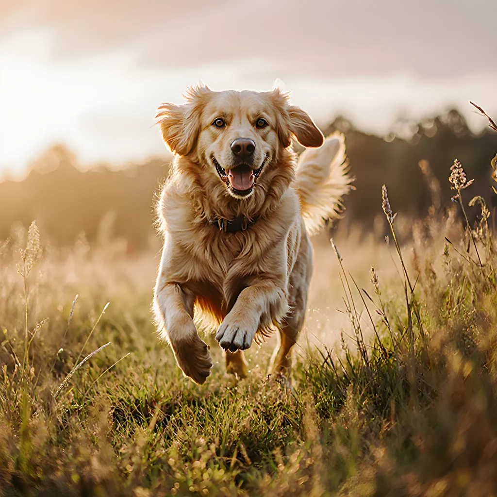 A healthy golden retriever running energetically in a sunny park, symbolizing increased canine vitality through daily metabolic tracking