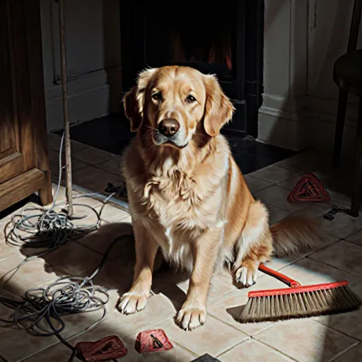 A concerned dog owner inspecting a living room for hidden hazards, highlighting common pet‑danger spots such as loose wires, toxic plants, and small objects.