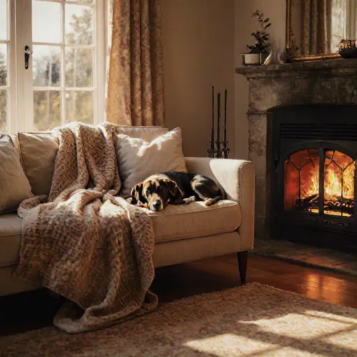 A cozy living room with pet-friendly features, such as a padded dog bed, a small cat tree, and natural light, showcasing a welcoming environment for rescued pets
