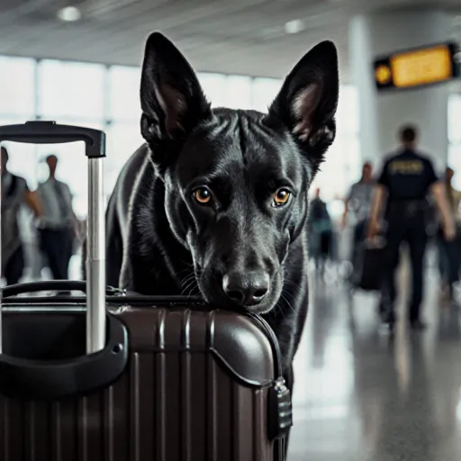Two trained detection dogs in an airport terminal, sniffing luggage and monitoring passengers for enhanced security