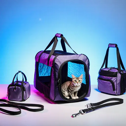 Image showcasing various cat travel accessories on a shelf