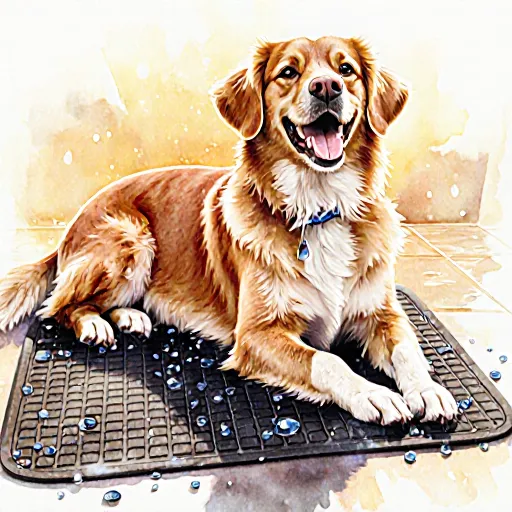A happy golden retriever lying on a shaded grass patch, wearing a light blue cooling vest, with a sunny sky behind