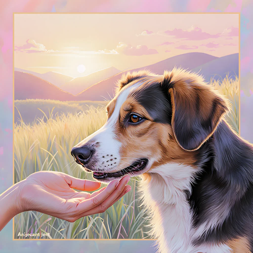 Illustration of a dog looking lovingly at its human owner in a park setting
