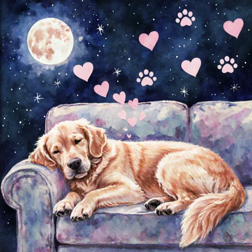 Illustration of a sleeping dog in a cozy bedroom, head slightly tilted, with subtle dream bubbles showing silhouettes of its owner and shared activities