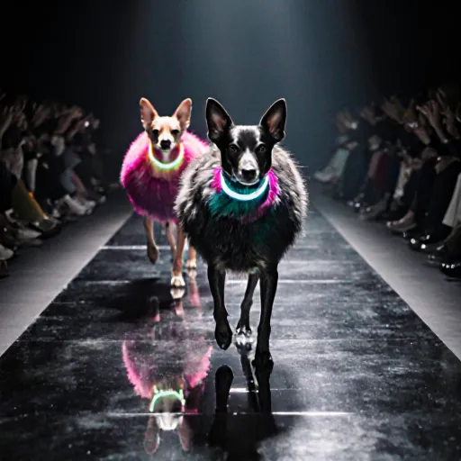 A fashionable dog wearing a trendy 2025 pet outfit with accessories, showcasing modern canine couture