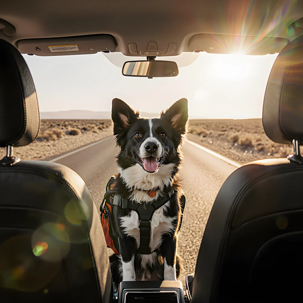 A happy dog wearing a lightweight camera strap, standing on a winding mountain road while its owner holds a camera with a stylish frame, capturing the scenic landscape