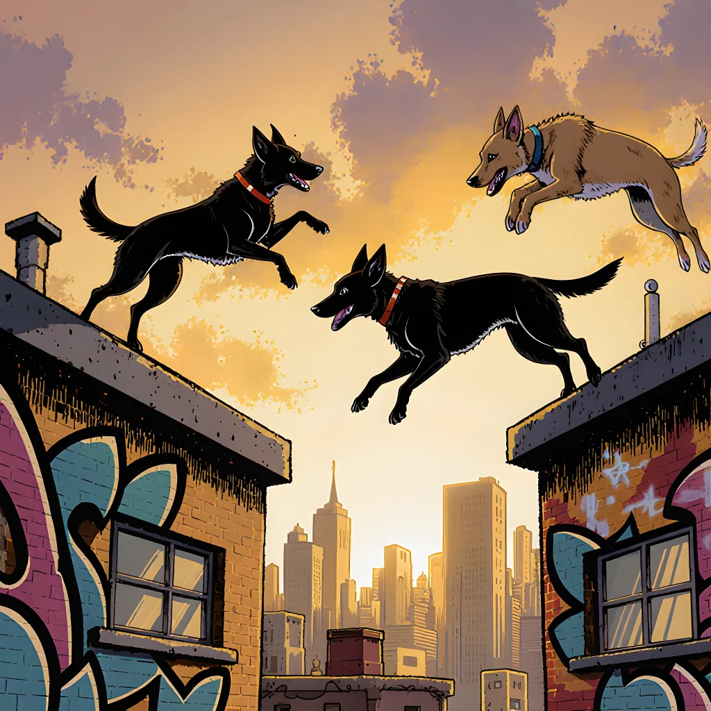 A lively urban dog leaping over a low wall while an excited owner watches nearby on a sunny sidewalk