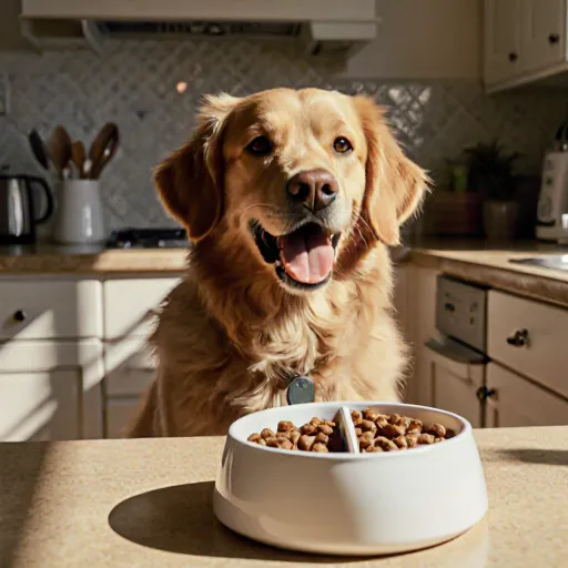 A healthy golden retriever sitting beside a balanced meal bowl with measured portions, illustrating portion control for dogs