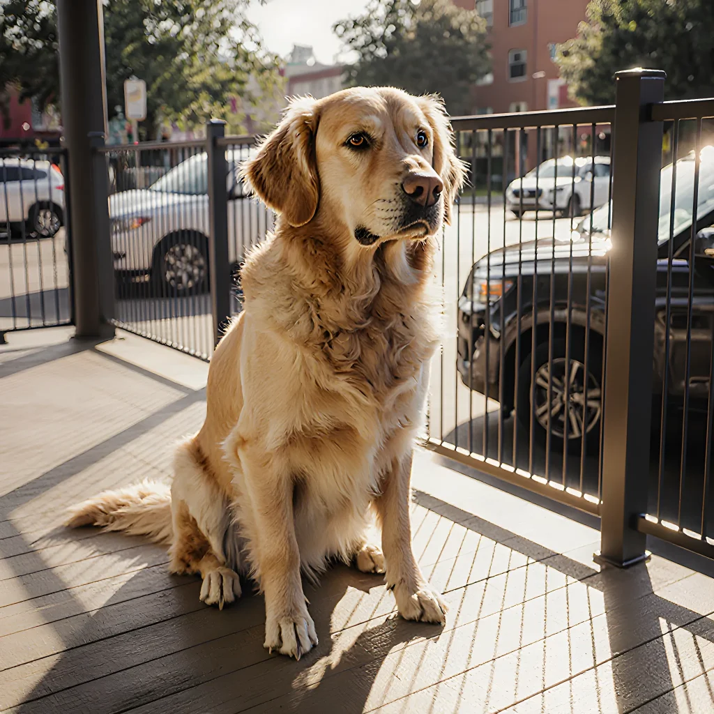 A happy golden retriever sitting in a fenced yard while its owner holds a leash, illustrating dog safety measures