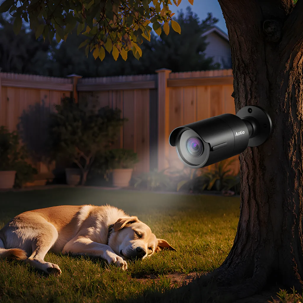 A sleek black security camera mounted on a wall overlooking a cozy bedroom where a sleeping dog rests nearby