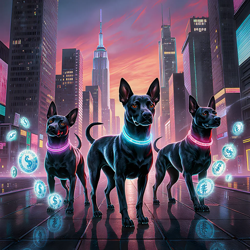 A stylish dog wagging its tail confidently in front of a sleek, modern backdrop, symbolizing the trend of using canine energy as a form of social influence.