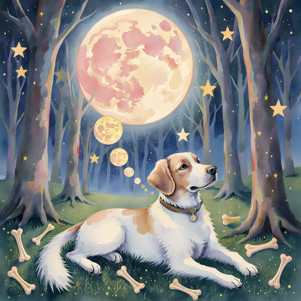 Illustration of a sleeping dog surrounded by swirling clouds and playful symbols like bones and paw prints, representing its inner dream world