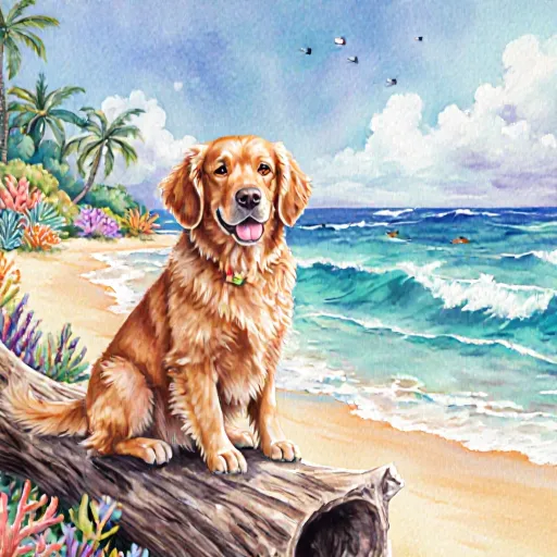 A joyful dog resting on driftwood at a sunny beach, waves lapping the shore, palm trees framing the scene