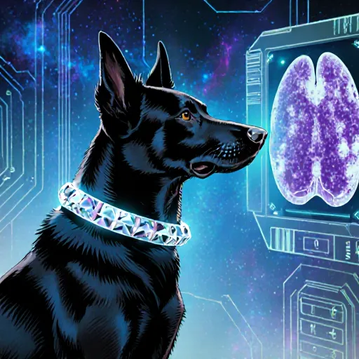 Illustration of a dog with a glowing aura beside medical imaging equipment, symbolizing early cancer detection technology