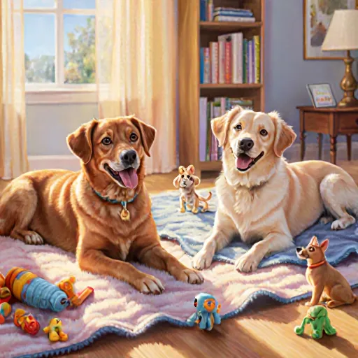Illustration of playful puppies and happy owners sharing joyful moments