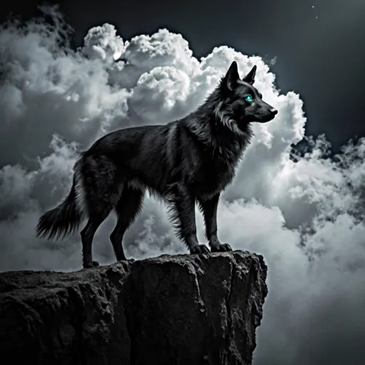 Illustration of a vigilant dog standing alert on a hillside, with storm clouds gathering in the background, symbolizing its ability to detect impending natural danger