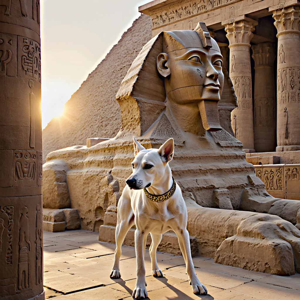 Illustration of a majestic Egyptian dog beside hieroglyphics and pharaoh’s sarcophagus