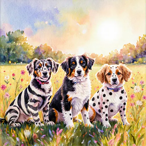 A collage of dogs with distinct coat patterns, including spotted, striped, and marbled fur, showcasing diverse breeds in vibrant outdoor settings