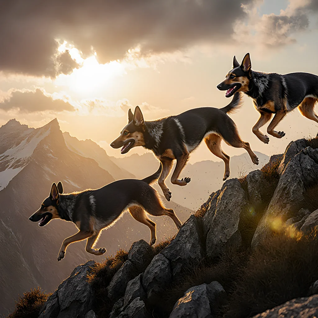 A lively dog with sharp snout running along a forest trail, its ears perked, embodying curiosity and energy.