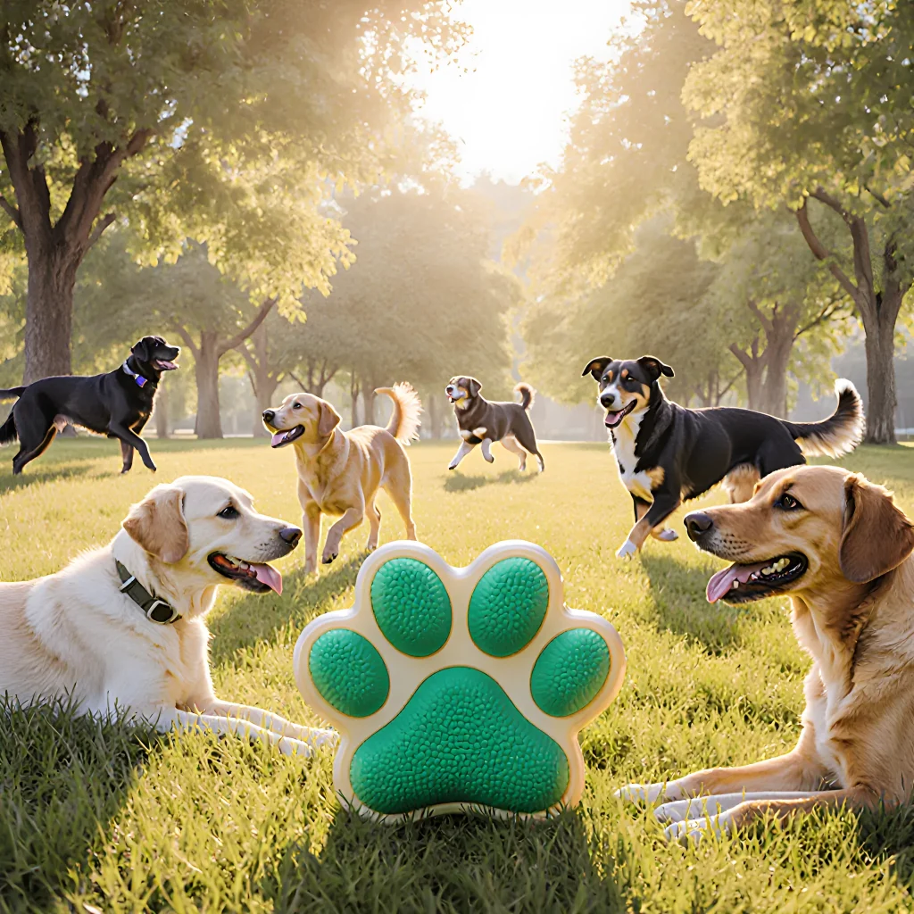 A sleek, green dog toy made from recycled rubber on a wooden floor, showcasing its rugged texture and eco-friendly packaging