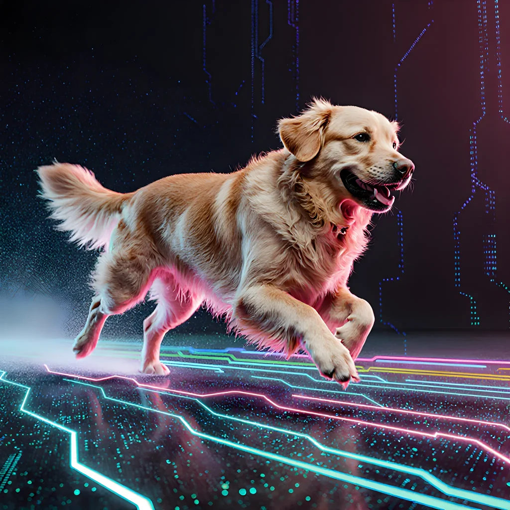 Illustration of a joyful dog surrounded by social media icons and network lines, showcasing the fusion of pets and online platforms.