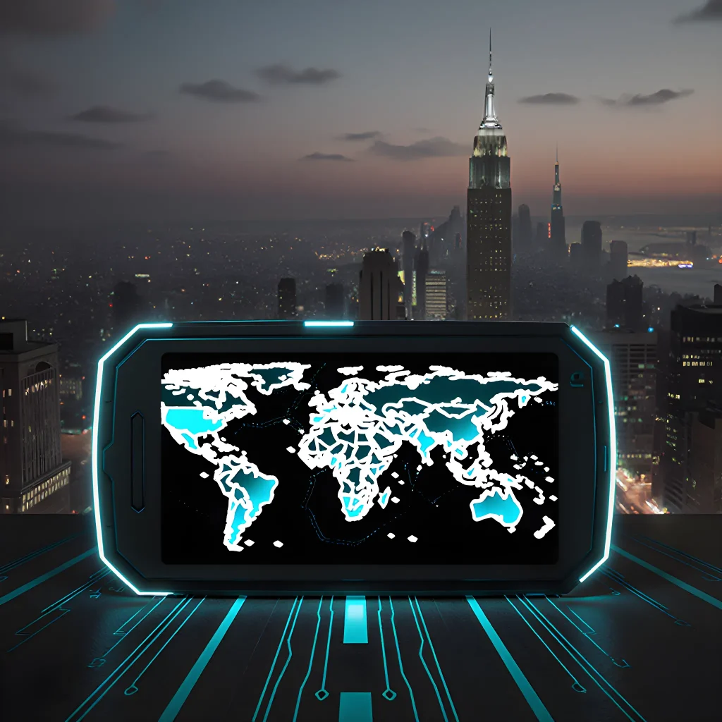 A sleek satellite dish and a digital map overlay highlighting GPS signal strength for precise location tracking