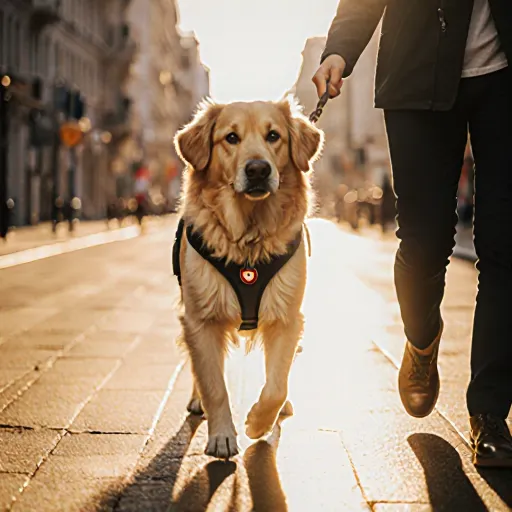 A guide dog gently leading a blind person through an urban street, showcasing trust and partnership