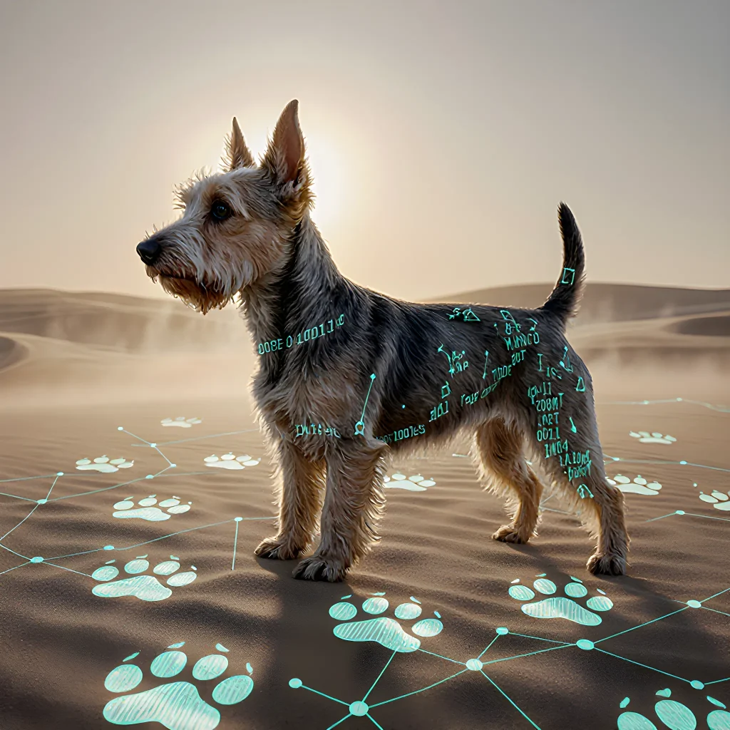 A close‑up image of a DNA double helix intertwined with a silhouette of an early canine figure, symbolizing the genetic link between ancient dogs and modern breeds