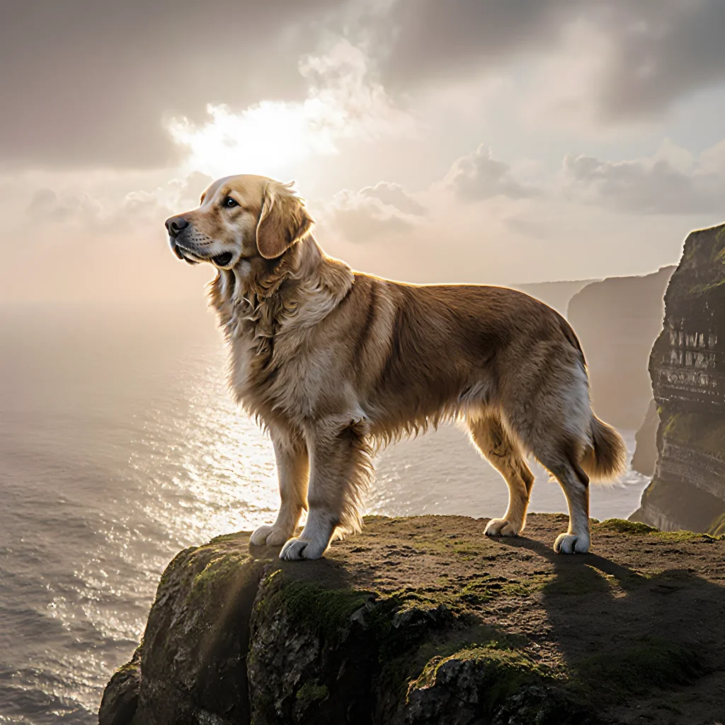 A calm golden retriever sitting beside a person, both listening intently to an unseen sound source in a bright living room