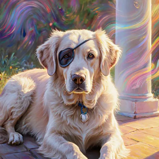 Senior golden retriever wearing a safety harness exploring a clutter‑free living room, illustrating practical tips for caring for blind elder pets.