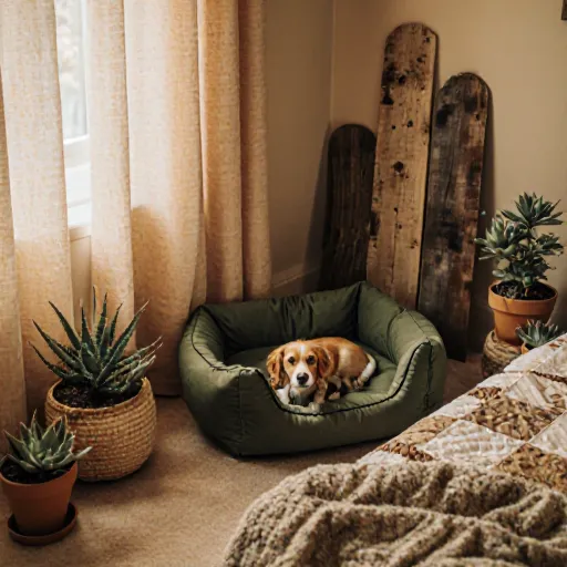 A sleek, sustainable dog bed made from recycled fabrics resting beside a happy pup under soft lighting