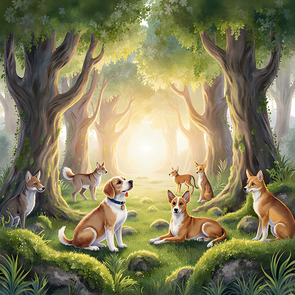 A smiling puppy surrounded by lush greenery, symbolizing eco-friendly animal protection at an urban sanctuary